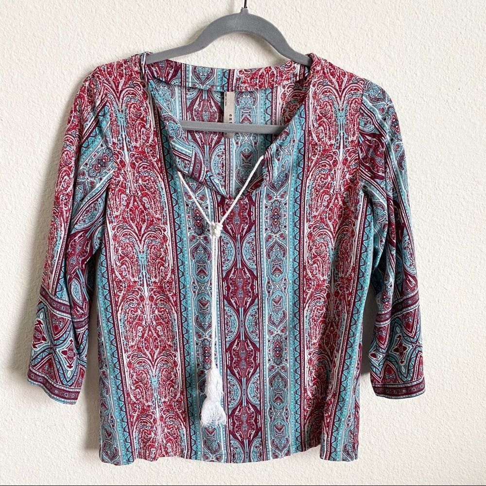 ENTRO Tassel Neck Handkerchief Print Blouse S